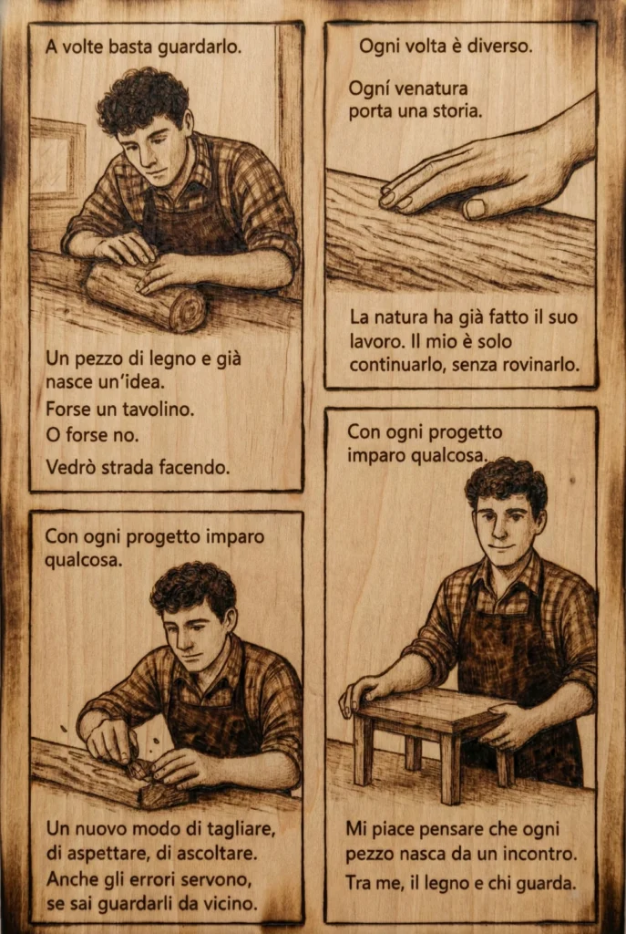 Tavola di legno decorata con la tecnica della pirografia, che illustra in quattro vignette a fumetti il processo creativo di un artigiano: dall'osservazione delle venature del tronco grezzo alla realizzazione di uno sgabello finito.